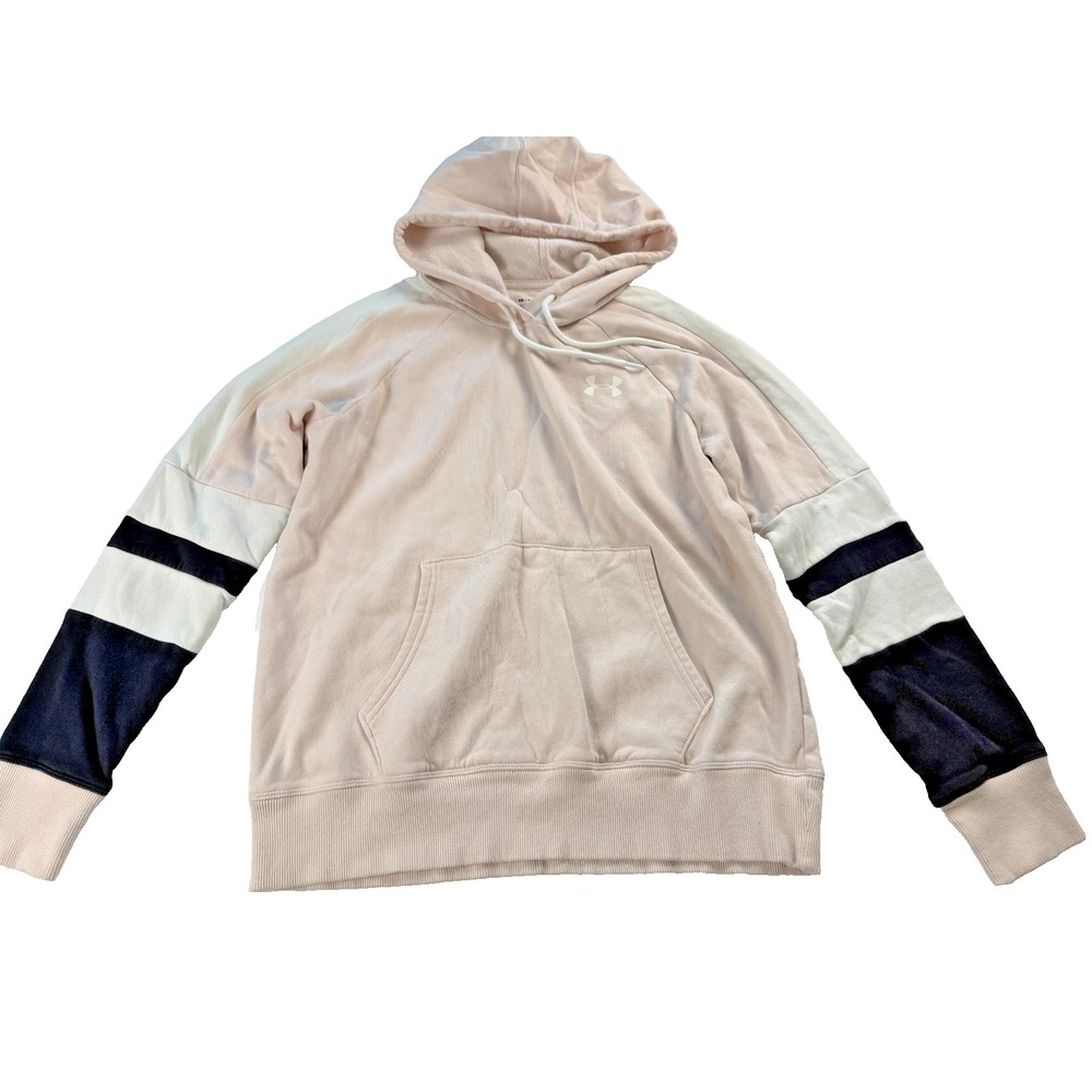 Under Armour Womens Small Velour Pullover Hoodie Cream Colorblock Stripe Sleeve